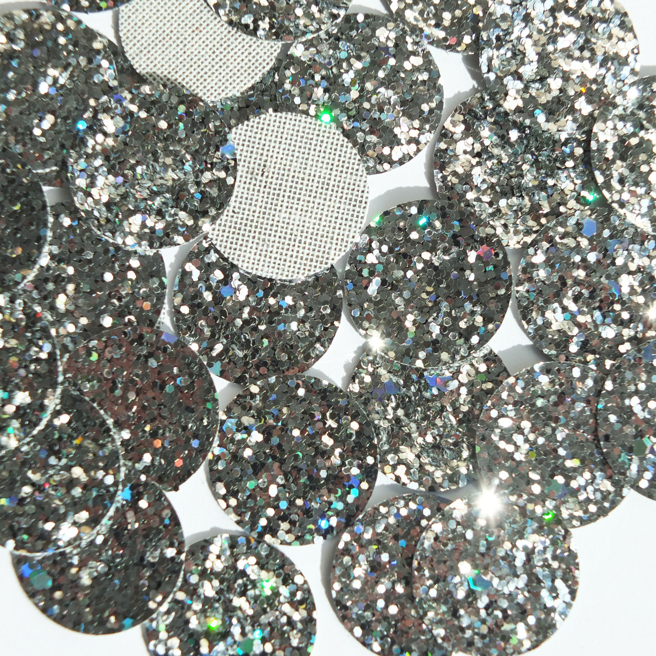 24mm Round Disc Silver Glitter Fabric Super Sparkle No Hole Sew On Glue On